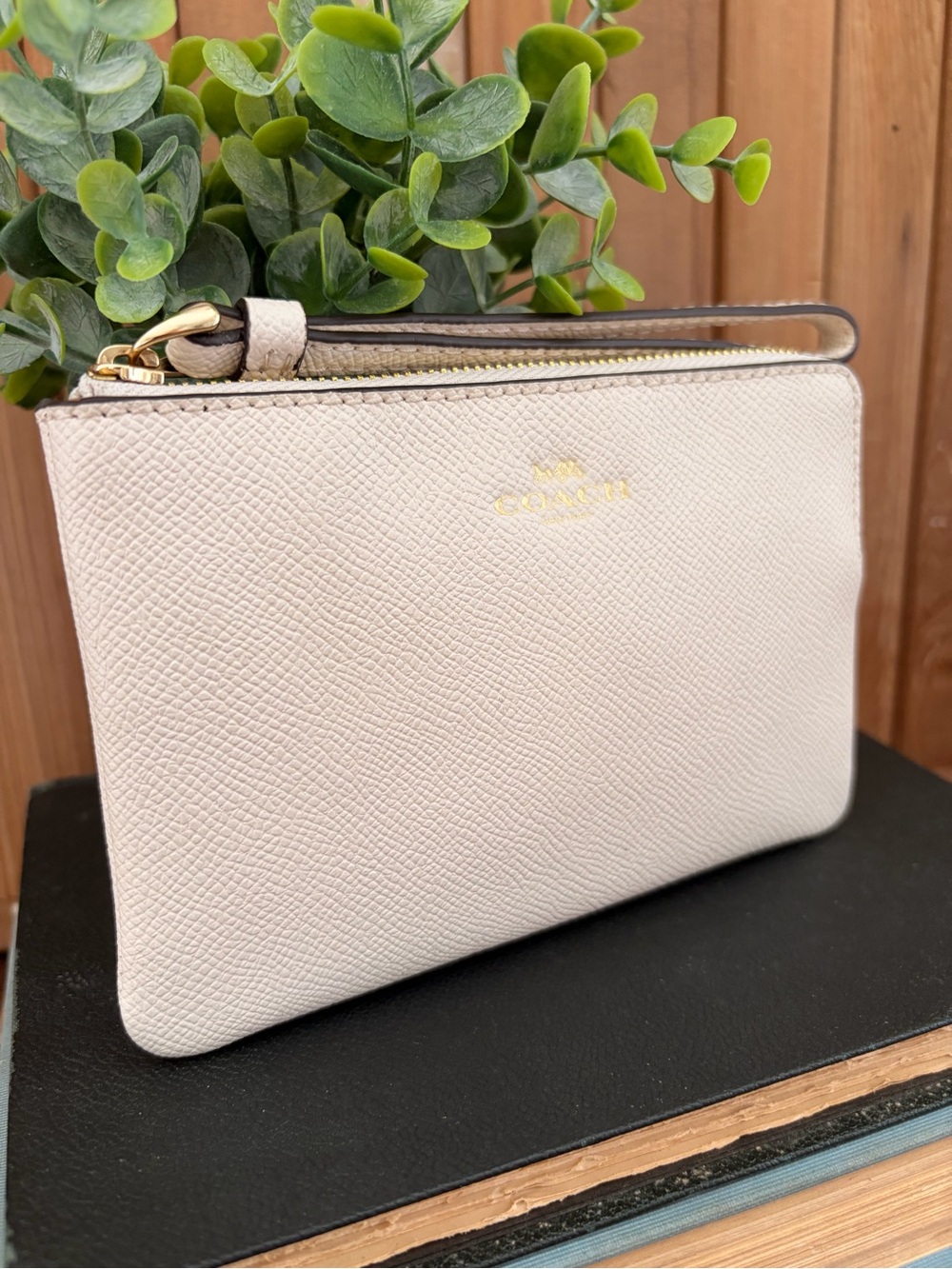 Coach Chalk Pebbled Leather Wristlet with Gold Hardware